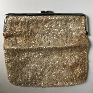 Vintage 1960s Hand-Beaded White Silk Clutch Purse